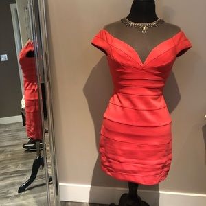 BCBG Piper Tulle Yoke Short Dress Coral